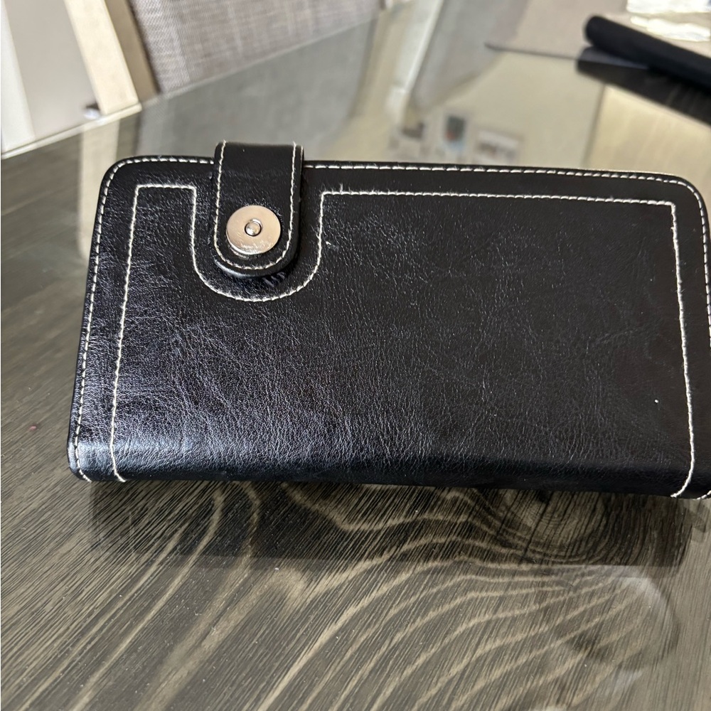 Black Leather Wallet with White Stitching